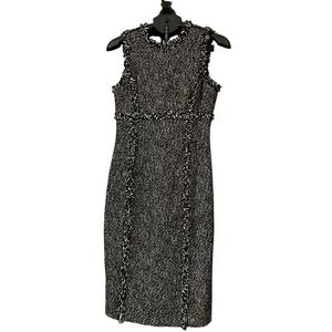 Michael Kors Black Gray White Tweed Fringe Sheath Dress Size 6 Career Office